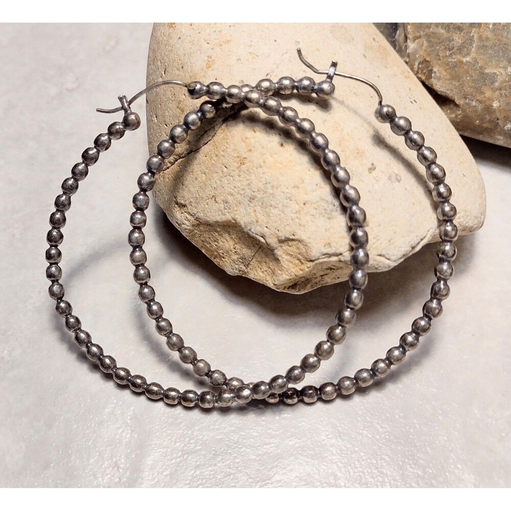 3" Vintage Silver tone Ball Bead Big Hoop Dangle Earrings - Picture 1 of 7